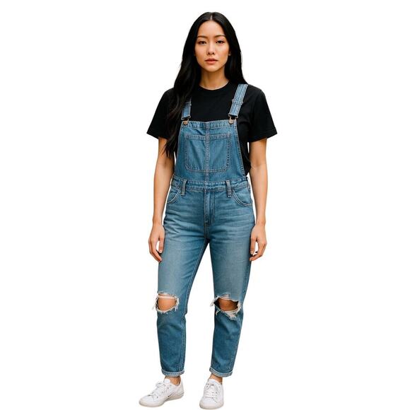 Madewell Denim Overalls Light Wash Distressed Size L Women’s Adjustable Straps - Picture 1 of 7